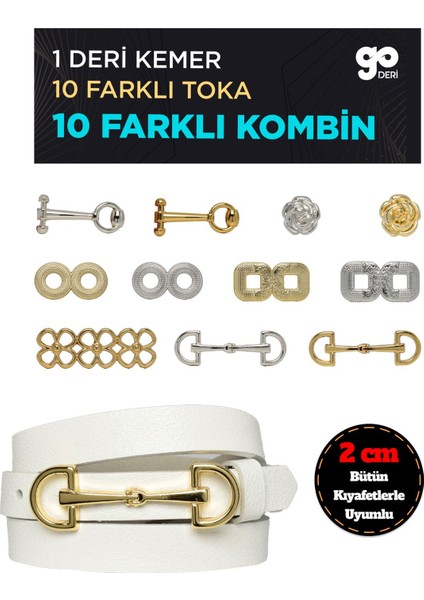 Hakiki Deri 2 cm Beyaz Kadın Kemeri Set, 1 Kemer Şeridi ve Değiştirilebilir 10 Toka ile Kombi-Beyaz