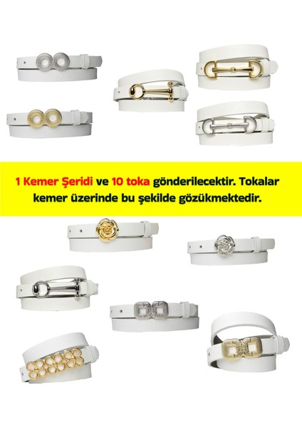 Hakiki Deri 2 cm Beyaz Kadın Kemeri Set, 1 Kemer Şeridi ve Değiştirilebilir 10 Toka ile Kombi-Beyaz fiyatları