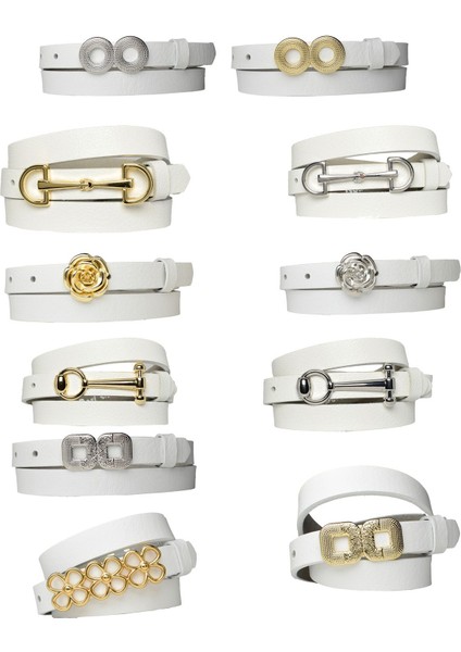 Hakiki Deri 2 cm Beyaz Kadın Kemeri Set, 1 Kemer Şeridi ve Değiştirilebilir 10 Toka ile Kombi-Beyaz indirimleri