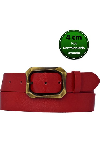 %100 Hakiki Deri, Efsane Gold Fırçalı Tokalı, Kırmızı Kadın Kot Kemeri 4 Cm=08-Goldfırçalı