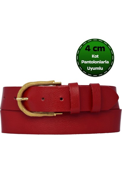 %100 Hakiki Deri, Gold Tokalı Kırmızı Kadın Kot, Spor Kemer 4 Cm=an-Byn-12