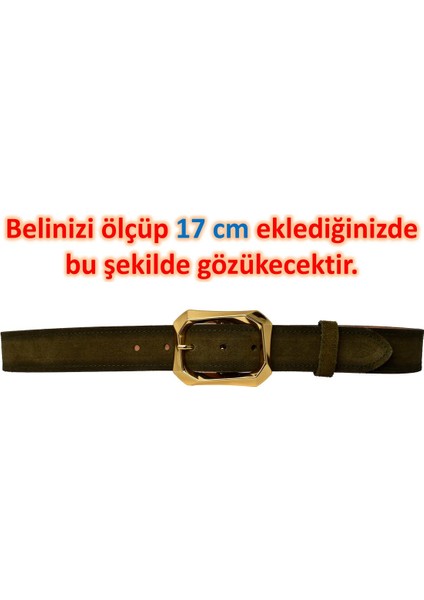 %100 Hakiki Deri, Gold Tokalı 4 cm Süet Askeri Yeşil Kadın Kemeri; Kot, Spor Kemer=süet.08.ask.yeşil