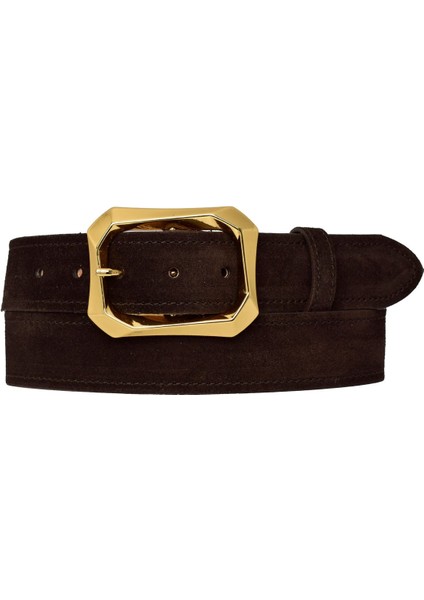 %100 Hakiki Deri, Gold Tokalı 4 cm Süet Koyu Kahverengi Kadın Kemeri; Kot, Spor Kemer=süet.08.koka