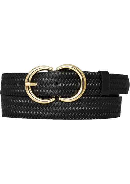 %100 Hakiki Deri Gold cc Tokalı Örgü Desenli Siyah Ince Kadın Kemeri, 3cm=3cm-Kdn-37