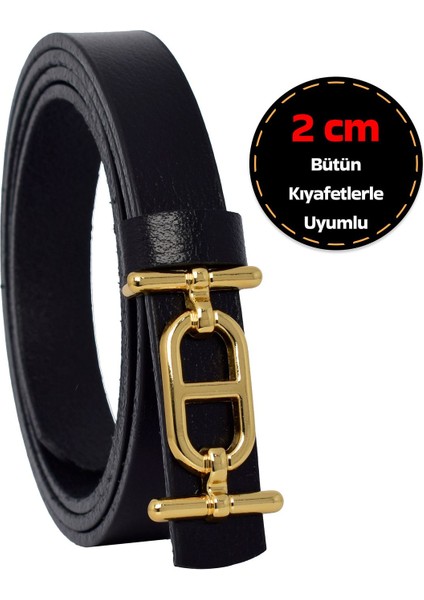 %100 Hakiki Deri, Gold Renk Tokalı Ince 2 cm Siyah Kadın Elbise, Pantolon Kemeri; Tt+Tt