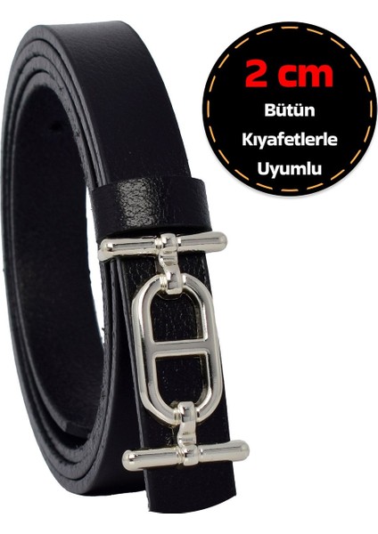 %100 Hakiki Deri, Gümüş Renk Tokalı Ince 2 cm Siyah Kadın Elbise, Pantolon Kemeri; Tt+Tt
