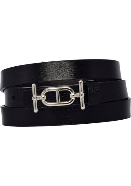 %100 Hakiki Deri, Gümüş Renk Tokalı Ince 2 cm Siyah Kadın Elbise, Pantolon Kemeri; Tt+Tt