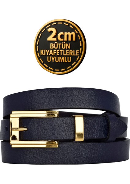 %100 Hakiki Deri Gold Renk Takım Köprülü Lacivert Kadın Kemeri 2cm Bütün Kıyafetlere Uyar_byk-Gold