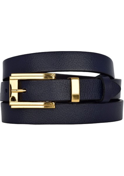 %100 Hakiki Deri Gold Renk Takım Köprülü Lacivert Kadın Kemeri 2cm Bütün Kıyafetlere Uyar_byk-Gold