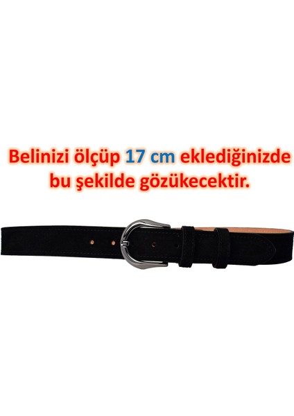 %100 Hakiki Deri, Nikel Renk Tokalı 4 cm Süet Siyah Kadın Kemeri; Kot, Spor Kemer=süet.70.nik.siyah