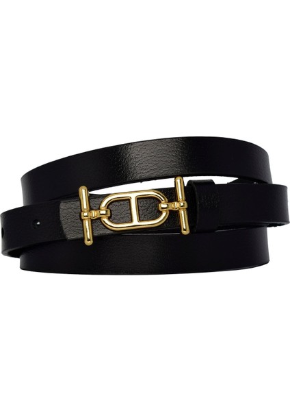 %100 Hakiki Deri, Gold Renk Tokalı Ince 2 cm Siyah Kadın Elbise, Pantolon Kemeri; Tt+Tt