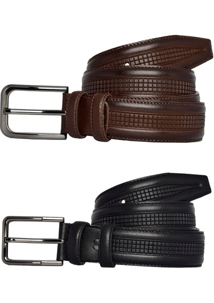 %100 Hakiki Deri, 2'li Set Siyah, Koyu Kahve Dikişli Klasik, Kumaş Pantolon Kemeri 3.5 Cm_orta.bas modelleri