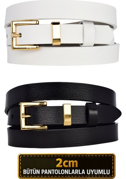 %100 Hakiki Deri 2'li Set Gold Renk Takım Tokalı 2cm Kadın Kemeri Beyaz, Siyah_ Kare_gold
