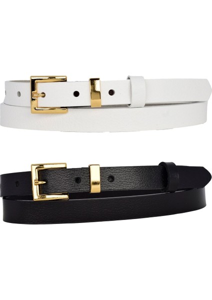%100 Hakiki Deri 2'li Set Gold Renk Takım Tokalı 2cm Kadın Kemeri Beyaz, Siyah_ Kare_gold fiyatları