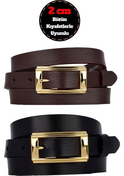 %100 Hakiki Deri 2'li Set Gold Renk Tokalı 2 cm Kadın Kemeri Siyah, Koyu Kahve Herşeye Uyar _y.dik