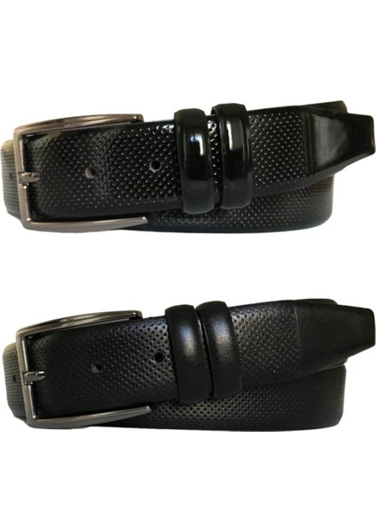 Hakiki Deri 2'li Set Desenli Klasik Kumaş Pantolon Kemeri 3.5 cm Mat Siyah, Rugan SIYAH=2LI.115-118