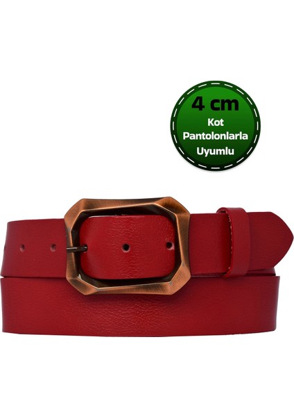 %100 Hakiki Deri, Efsane Bakır Rengi Tokalı, Kırmızı Kadın Kot Kemeri 4 Cm=08-Bakır