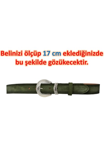 %100 Hakiki Deri, Gümüş Tokalı 4 cm Süet Açık Yeşil Kadın Kemeri; Kot, Spor Kemer=süet.63.açık.yeşil