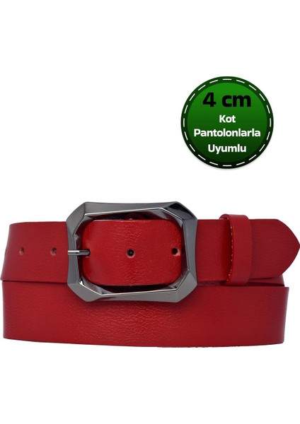 %100 Hakiki Deri, Mat Gümüş Tokalı Kırmızı Kadın Kot, Spor Kemer 4 Cm=an-Byn-07