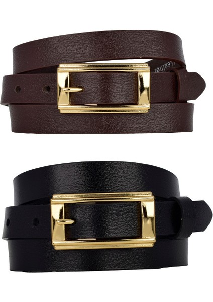 %100 Hakiki Deri 2'li Set Gold Renk Tokalı 2 cm Kadın Kemeri Siyah, Koyu Kahve Herşeye Uyar _y.dik