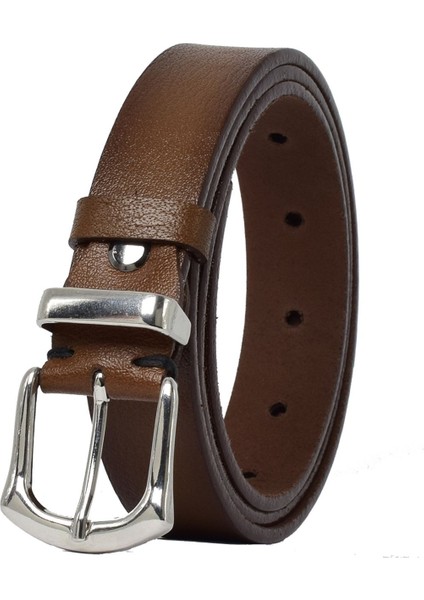 %100 Hakiki Deri Gümüş Tokalı, Metal Köprülü Kahverengi Kadın Kemeri, 3 Cm=3cm-Kd-41-Gümüş