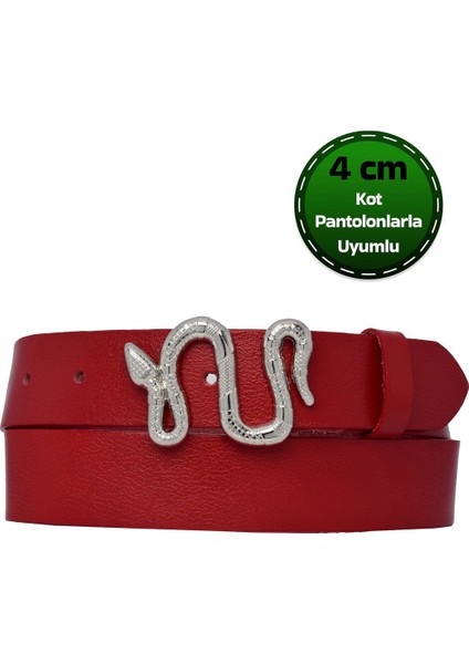 %100 Hakiki Deri, Gümüş Yılan Tokalı Tosado Kadın Kot, Spor Kemer 4 Cm=an-Byn-46