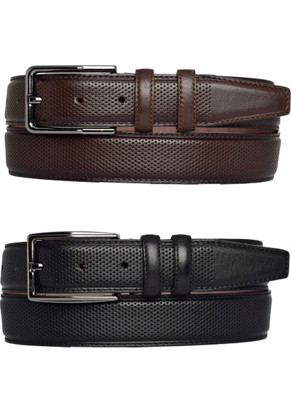 %100 Hakiki Deri, 2'li Set Siyah, Koyu Kahve Dikişli Nokta Baskılı Kumaş Pant. Kemeri 3.5 Cm_noktalı