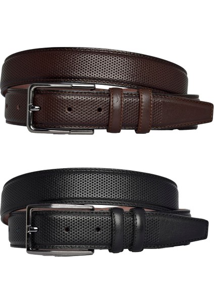 %100 Hakiki Deri, 2'li Set Siyah, Koyu Kahve Dikişli Nokta Baskılı Kumaş Pant. Kemeri 3.5 Cm_noktalı modelleri
