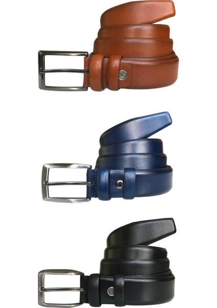 Hakiki Kaliteli Deri 3'lü Set Klasik Kumaş Pantolon Kemeri; Siyah, Lacivert, Taba 3,5 Cm=3lü.kla