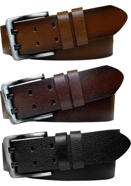 %100 Hakiki Deri, Çift Dilli 3'lü Set 4.5 cm Kot Kemeri Siyah, Koyu Kahverengi, Tosado=3.lü-Çift.dl