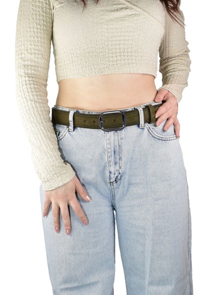 %100 Hakiki Deri, Nikel Tokalı 4 cm Süet Askeri Yeşil Kadın Kemeri; Kot, Spor Kemer=süet.23.ask.yeşl fiyatları
