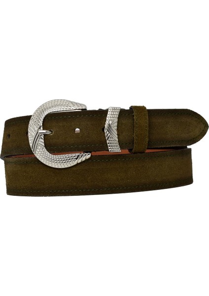 %100 Hakiki Deri, Gümüş Tokalı 4 cm Süet Askeri Yeşil Kadın Kemeri; Kot, Spor Kemer=süet.63.ask.yeşl