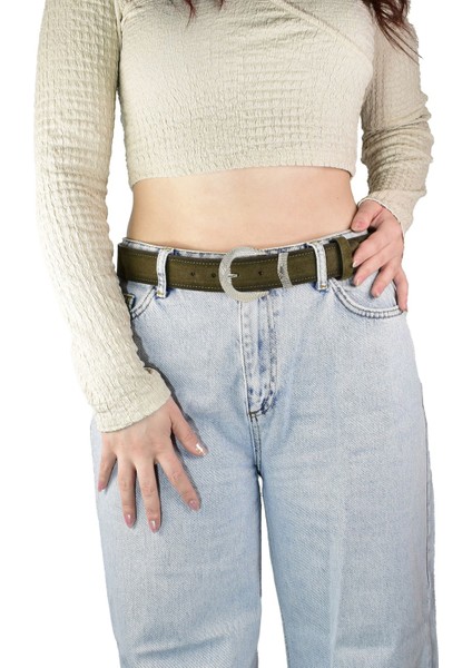 %100 Hakiki Deri, Gümüş Tokalı 4 cm Süet Askeri Yeşil Kadın Kemeri; Kot, Spor Kemer=süet.63.ask.yeşl fiyatları