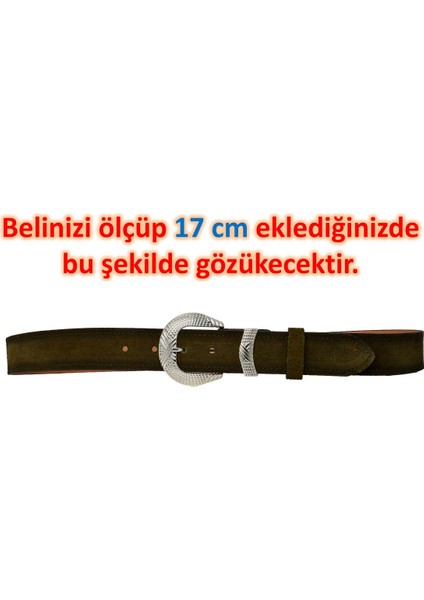 %100 Hakiki Deri, Gümüş Tokalı 4 cm Süet Askeri Yeşil Kadın Kemeri; Kot, Spor Kemer=süet.63.ask.yeşl