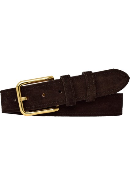 %100 Hakiki Deri, Gold Tokalı 4 cm Süet Koyu Kahverengi Kadın Kemeri; Kot, Spor Kemer=süet.76.koka