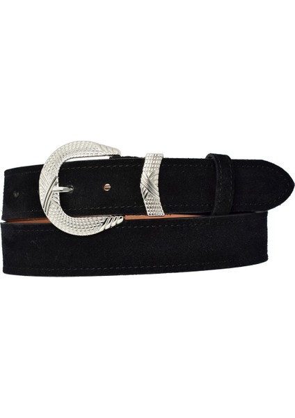 %100 Hakiki Deri, Gümüş Tokalı 4 cm Süet Siyah Kadın Kemeri; Kot, Spor Kemer=süet.63.siyah