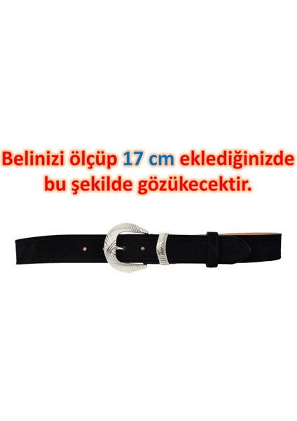 %100 Hakiki Deri, Gümüş Tokalı 4 cm Süet Siyah Kadın Kemeri; Kot, Spor Kemer=süet.63.siyah
