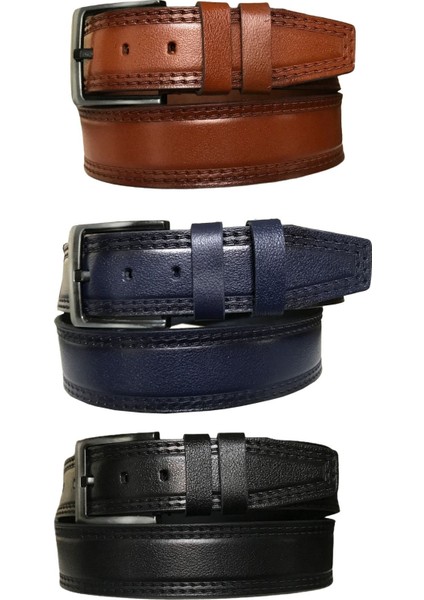 Hakiki Deri Desenli 3'lü Set Kot, Spor Kemer 4,5 cm Siyah, Lacivert, Taba=3lü-Hsn-05.07.08