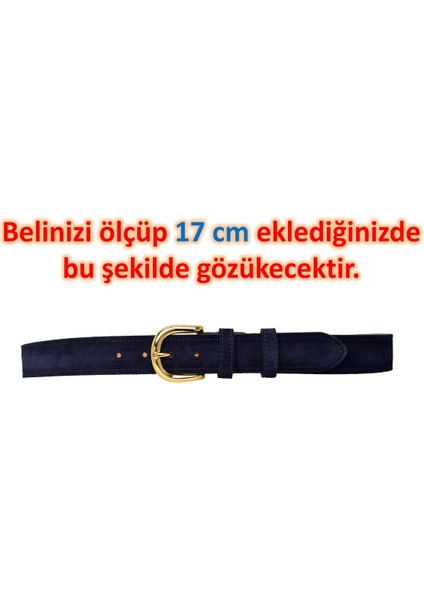 %100 Hakiki Deri, Gold Renk Tokalı 4 cm Süet Lacivert Kadın Kemeri; Kot, Spor Kemer=süet.26.lacivert