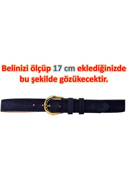 %100 Hakiki Deri, Gold Renk Tokalı 4 cm Süet Lacivert Kadın Kemeri; Kot, Spor Kemer=süet.70.lacivert