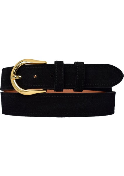 %100 Hakiki Deri, Gold Renk Tokalı 4 cm Süet Siyah Kadın Kemeri; Kot, Spor Kemer=süet.70.siyah