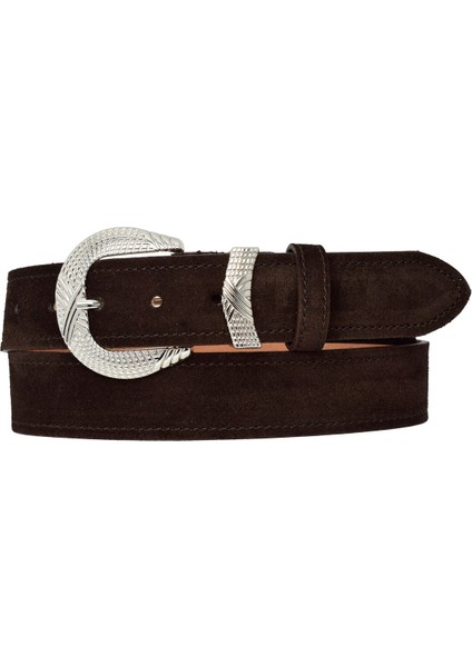 %100 Hakiki Deri, Gümüş Tokalı 4 cm Süet Koyu Kahverengi Kadın Kemeri; Kot, Spor Kemer=süet.63.koka