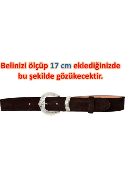 %100 Hakiki Deri, Gümüş Tokalı 4 cm Süet Koyu Kahverengi Kadın Kemeri; Kot, Spor Kemer=süet.63.koka