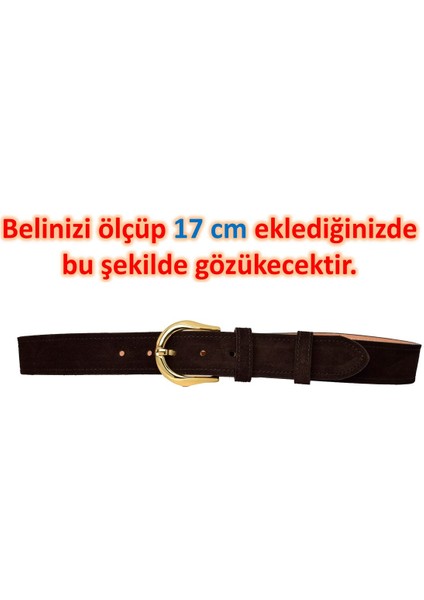 %100 Hakiki Deri, Gold Tokalı 4 cm Süet Koyu Kahverengi Kadın Kemeri; Kot, Spor Kemer=süet.70.koka