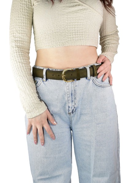 %100 Hakiki Deri, Gold Tokalı 4 cm Süet Askeri Yeşil Kadın Kemeri; Kot, Spor Kemer=süet.26.ask.yeşil fiyatları