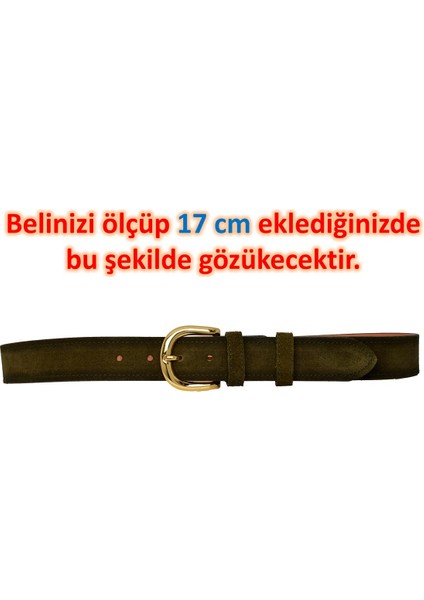 %100 Hakiki Deri, Gold Tokalı 4 cm Süet Askeri Yeşil Kadın Kemeri; Kot, Spor Kemer=süet.26.ask.yeşil