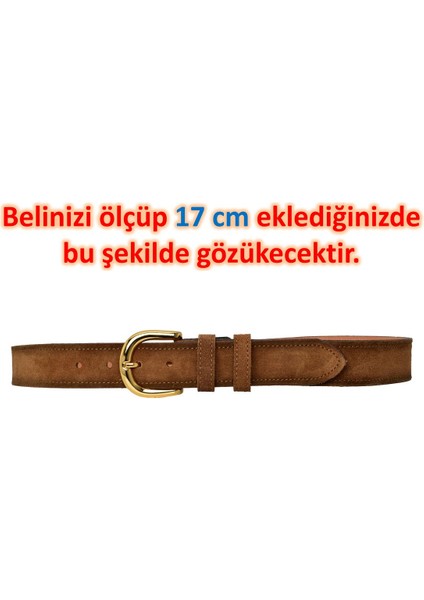 %100 Hakiki Deri, Gold Tokalı 4 cm Süet Sütlü Kahverengi Kadın Kemeri; Kot, Spor Kemer=süet.26.sütka