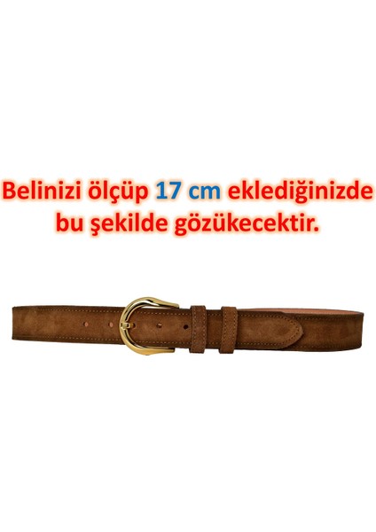 %100 Hakiki Deri, Gold Tokalı 4 cm Süet Sütlü Kahverengi Kadın Kemeri; Kot, Spor Kemer=süet.70.sütka