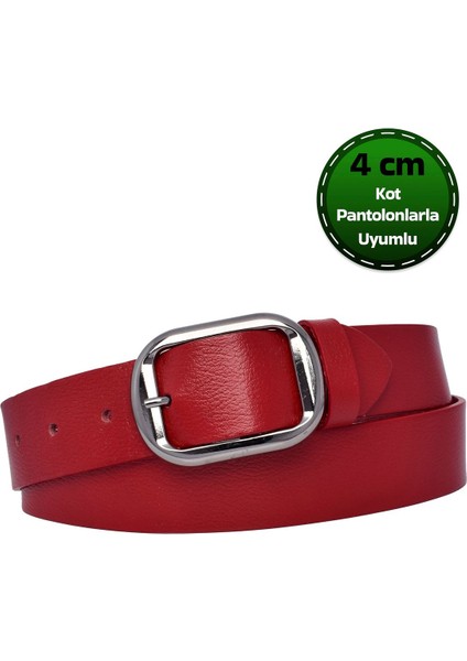 %100 Hakiki Deri, Mat Gümüş Tokalı Kırmızı Kadın Kot, Spor Kemer 4 Cm=an-Byn-23