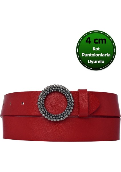 %100 Hakiki Deri, Siyah Nikel Tokalı Kırmızı Kadın Kot Kemeri 4 Cm=an-Byn-58
